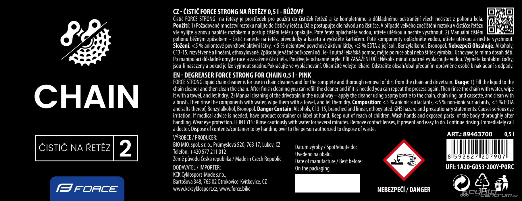 čistič F STRONG na řetězy - 0,5 l, láhev - růžový